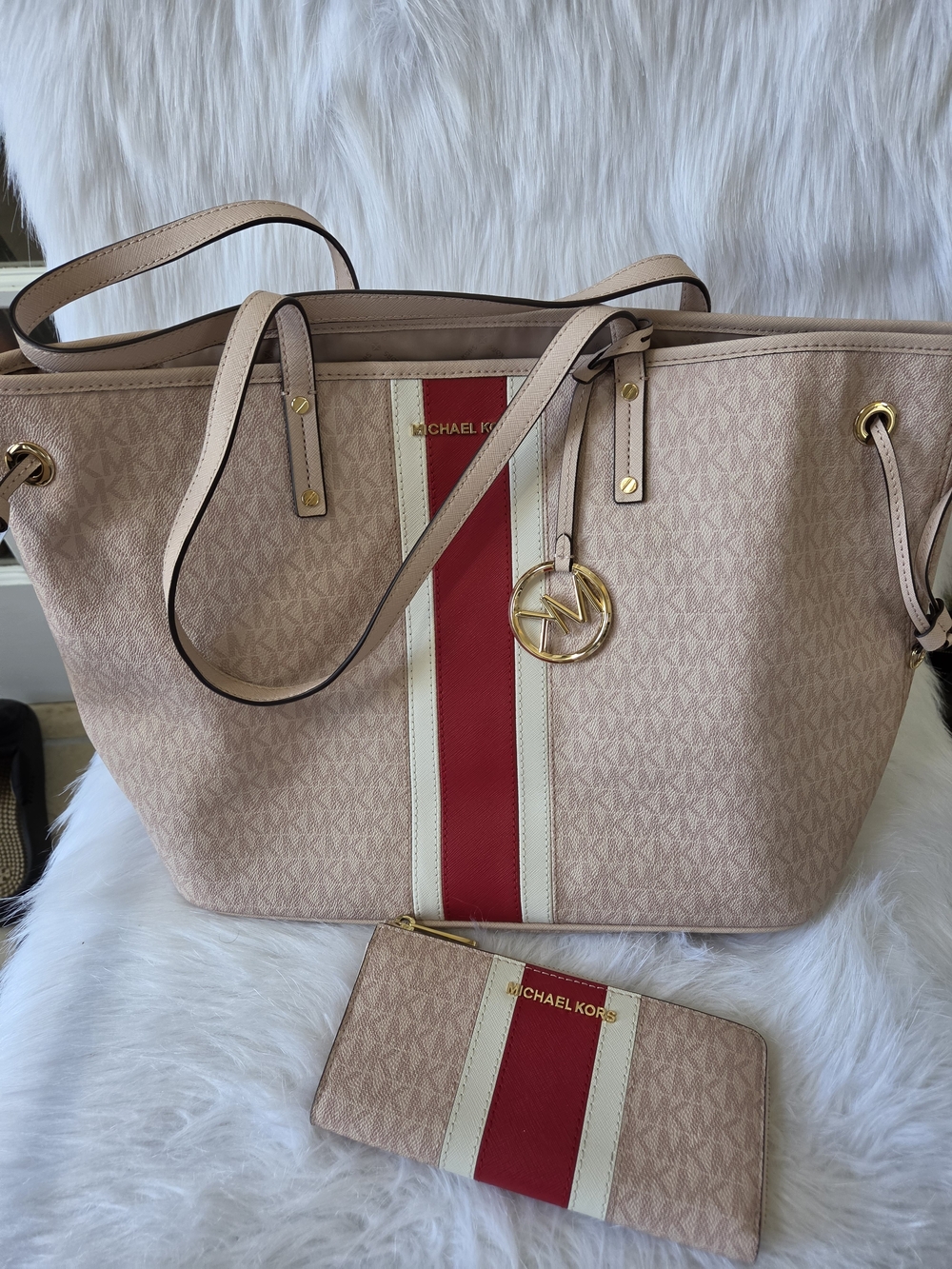 Michael Kors Women's Pink Tote with Red & Cream Stripe
